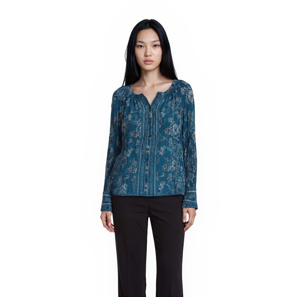 Lucky Brand Blouse Women's‎ Size 2X Teal Paisley Floral Smocked Rayon Boho Top